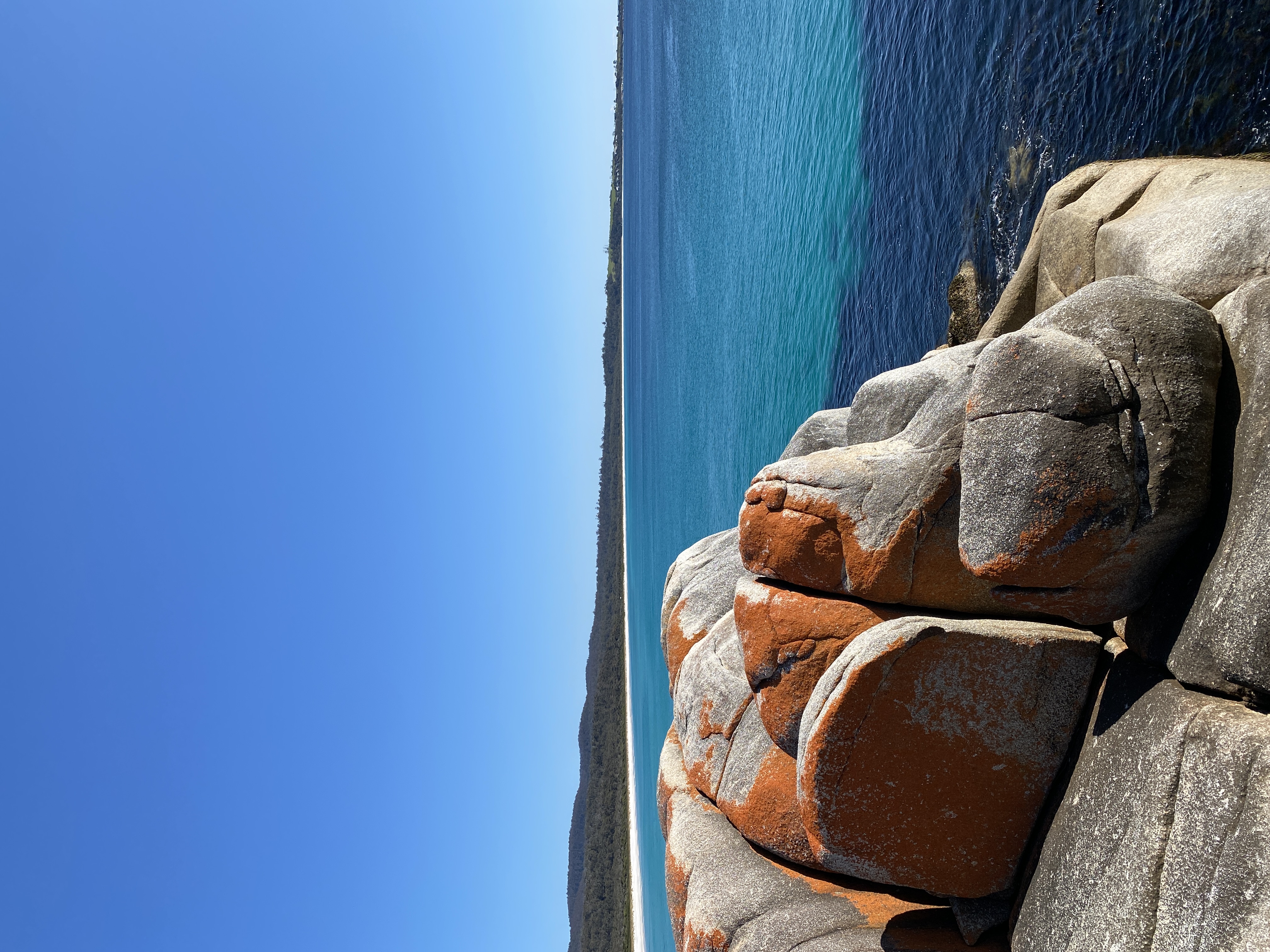 A blue ocean over rocks speckled with orange pigment