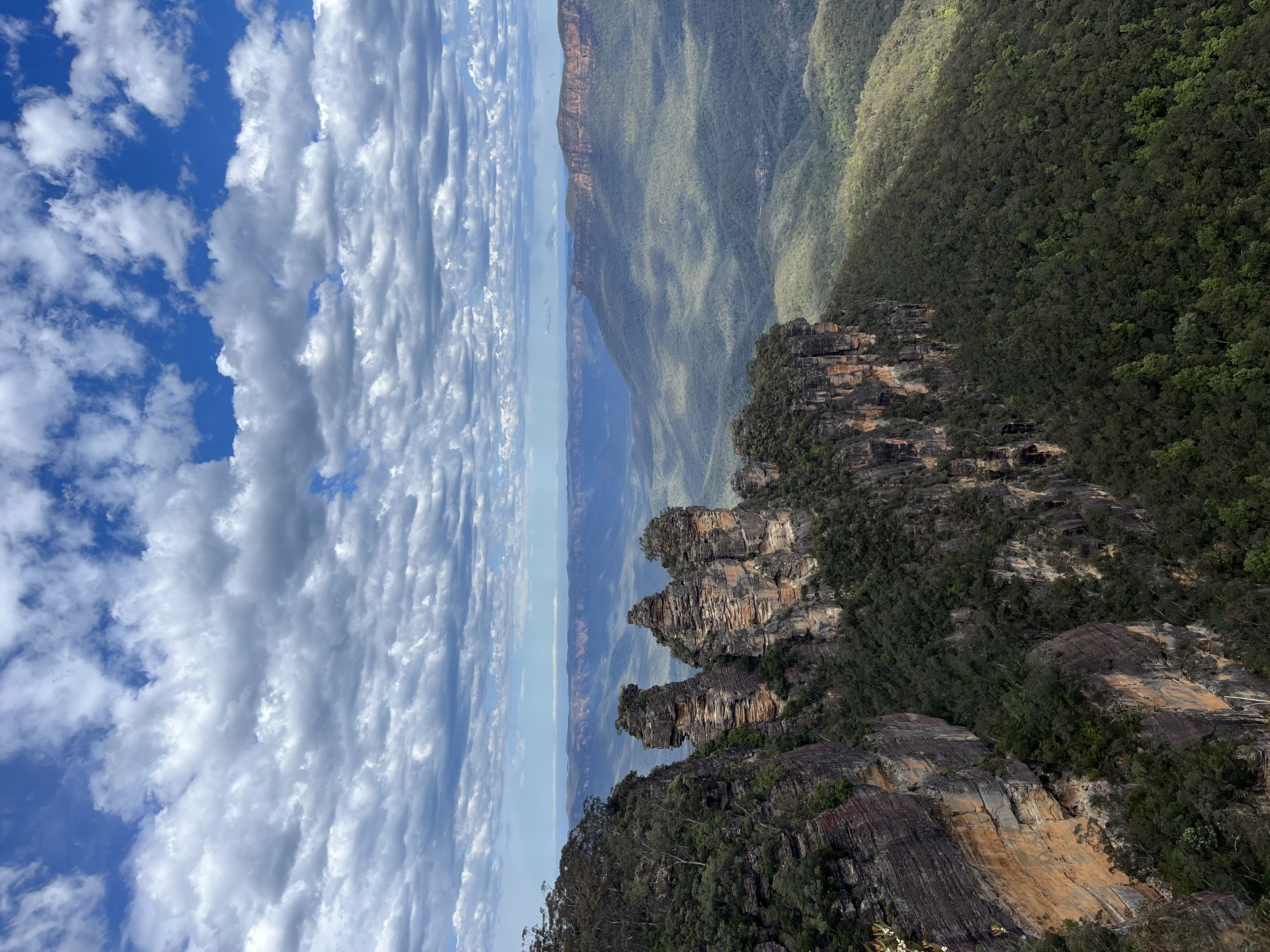 Sandstone rock formations infront of a mountain valley