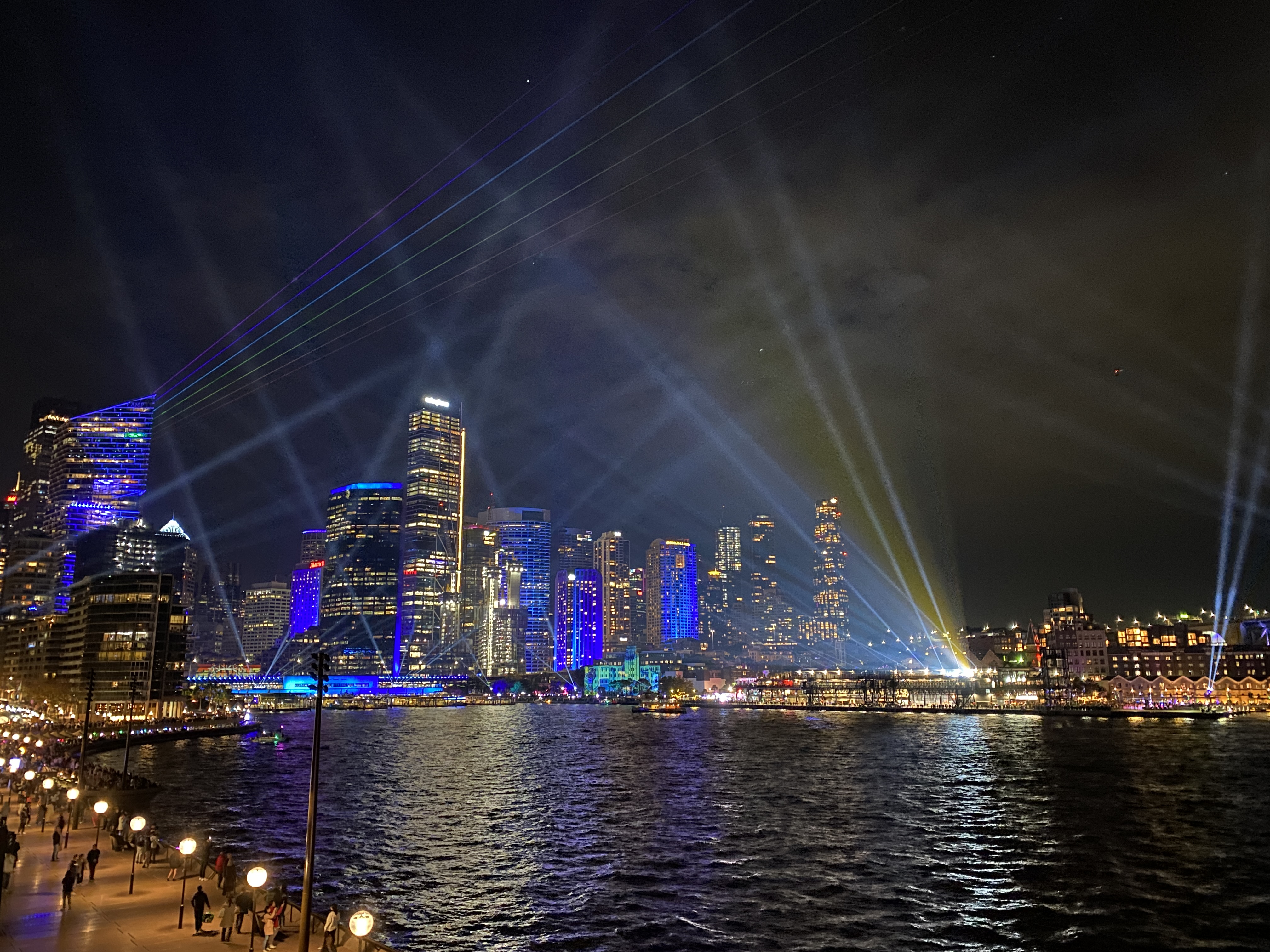 Harbour colourfully lit up at night