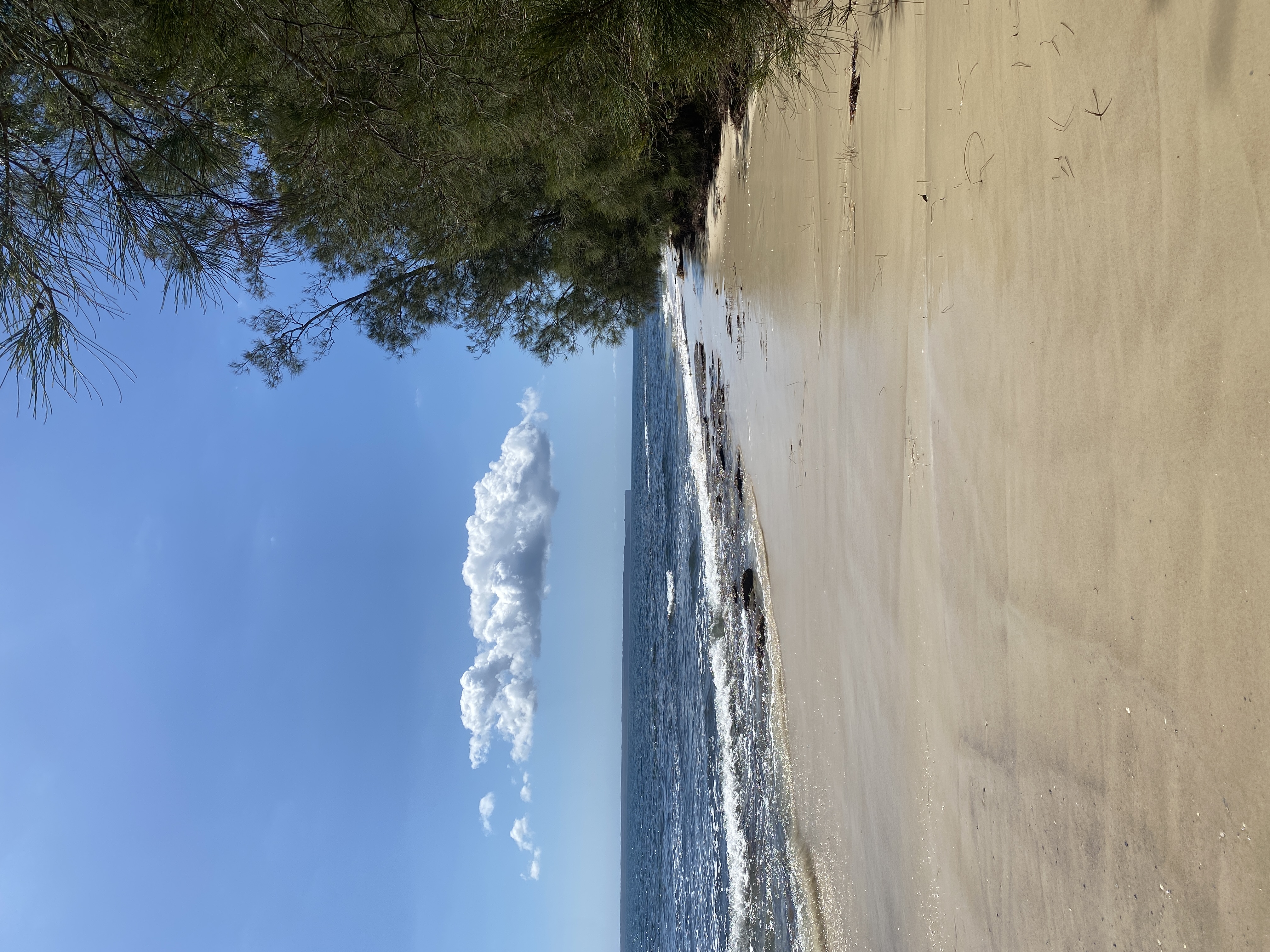 Waves breaking onto a sandy beach with a single cloud in the sky