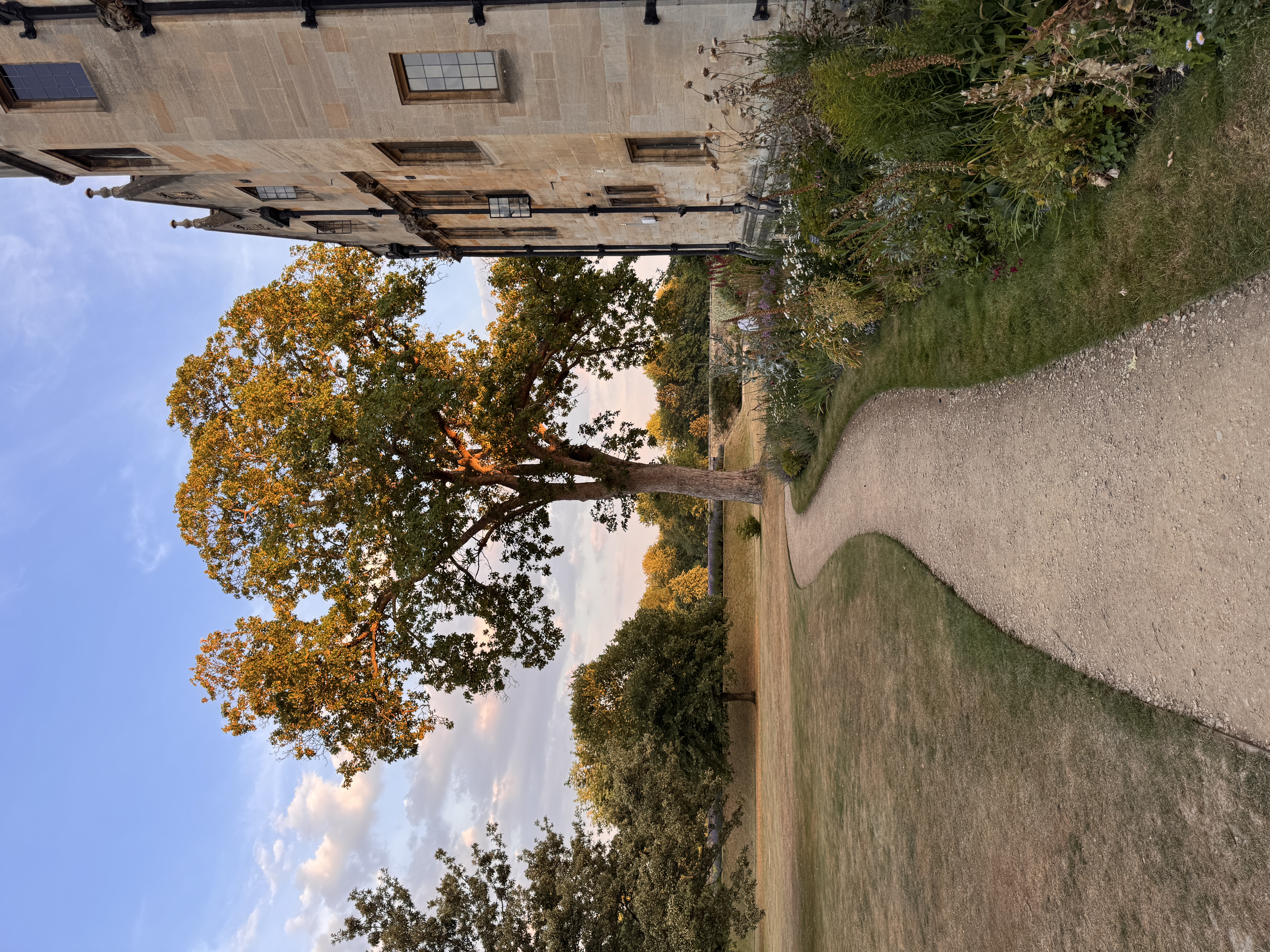A manicured garden adjacent to an old building