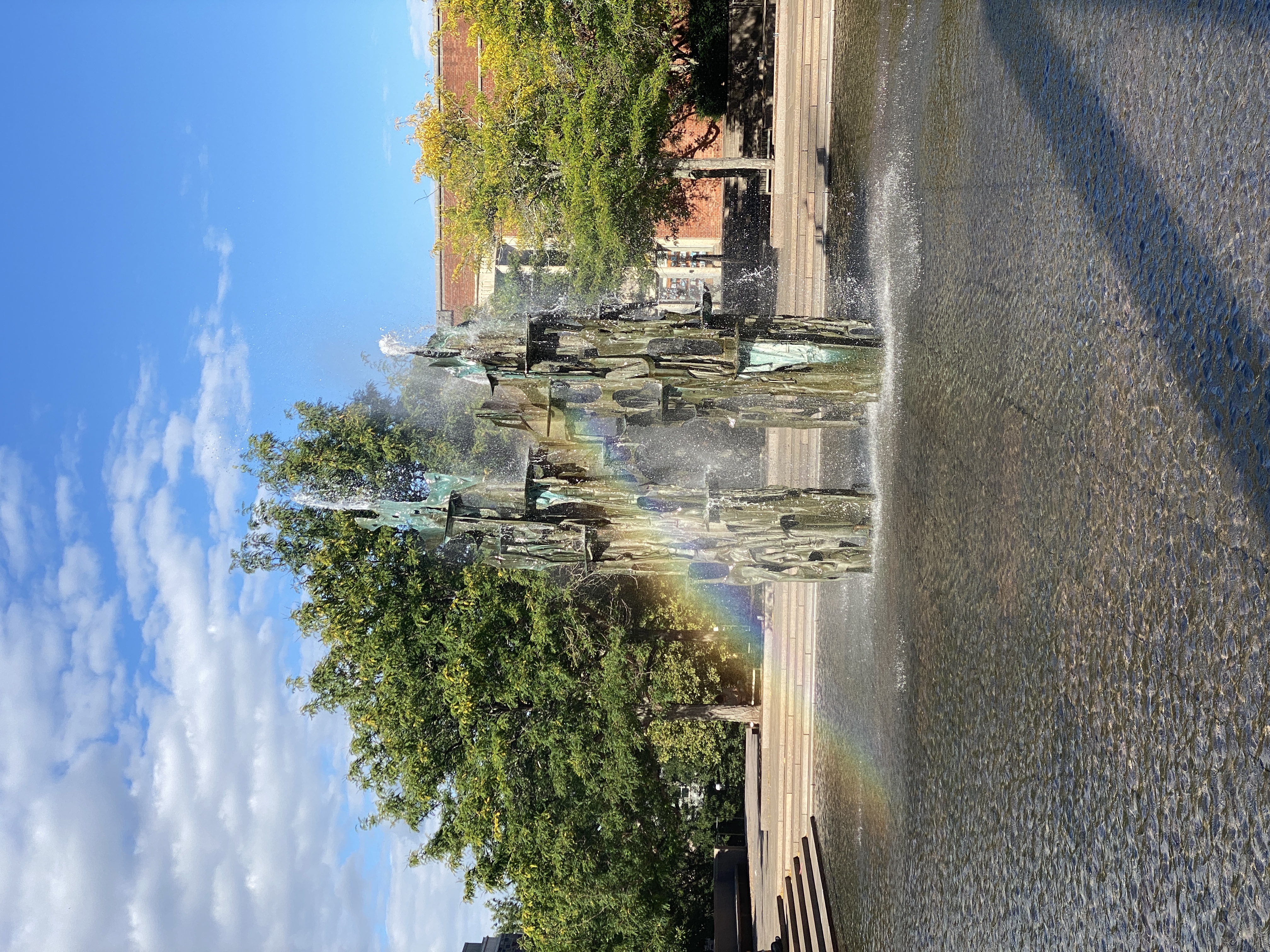 A rainbow in front of a fountain